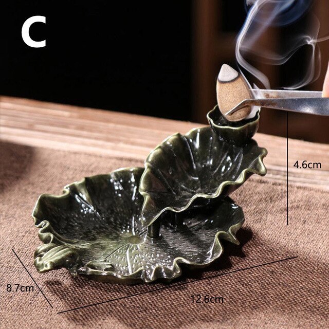 Lotus Leaf Backflow Stick Incense Burner Teahouse Burner Censer Ceramic Home Buddhist Hall Office Incense Decor Desktop Ornament