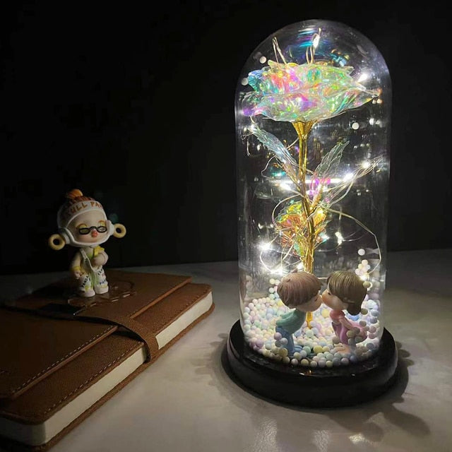 LED Enchanted Galaxy Rose Eternal 24K Gold Foil Flower with Fairy String Lights In Dome for Christmas Valentine's Day Gift