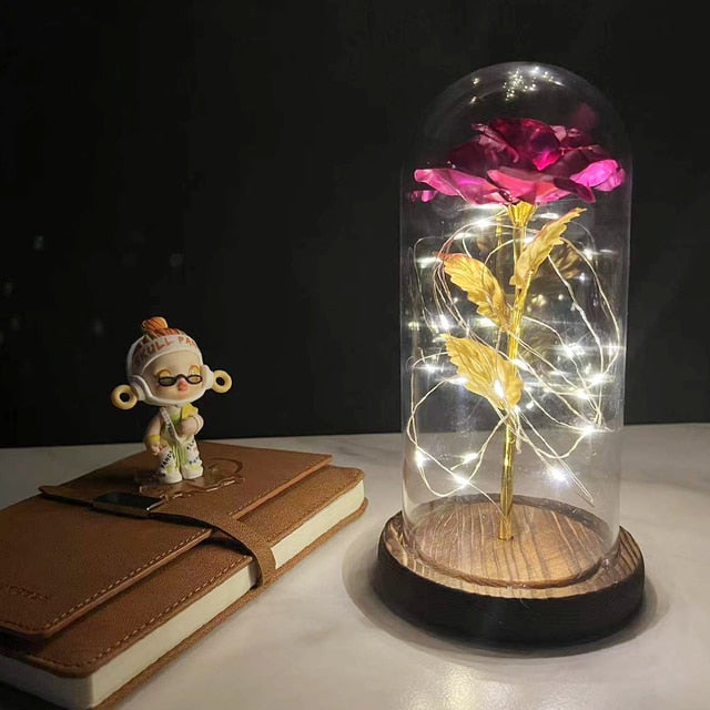 LED Enchanted Galaxy Rose Eternal 24K Gold Foil Flower with Fairy String Lights In Dome for Christmas Valentine's Day Gift