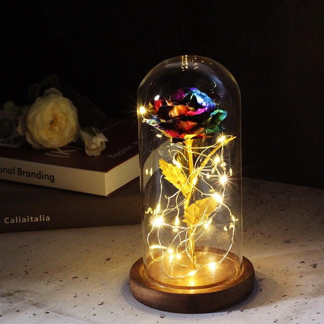LED Enchanted Galaxy Rose Eternal 24K Gold Foil Flower with Fairy String Lights In Dome for Christmas Valentine's Day Gift