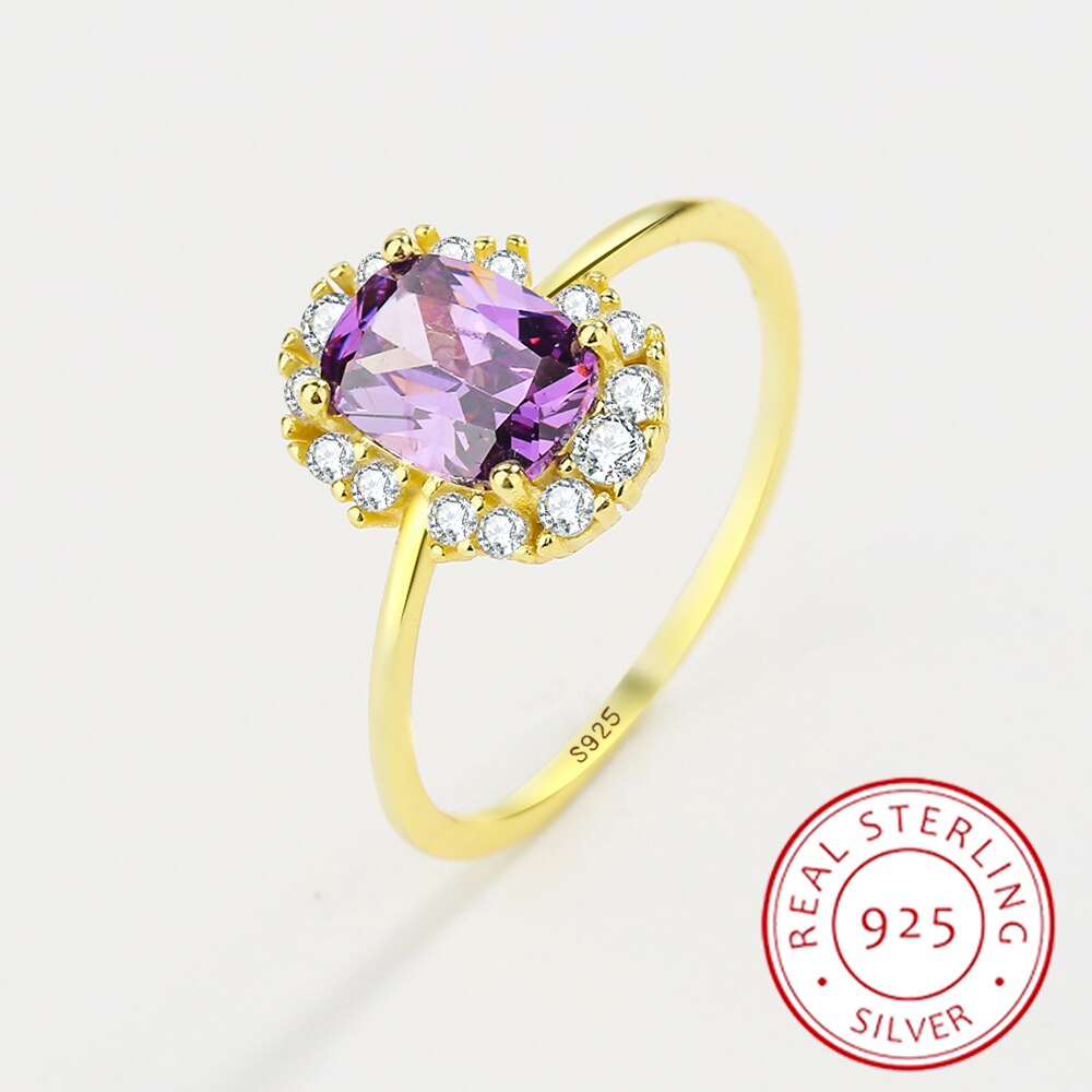 NEW Exquisite Amethyst Gold Ring For Women S925 Silver Diamond Crystal Zircon Jewelry