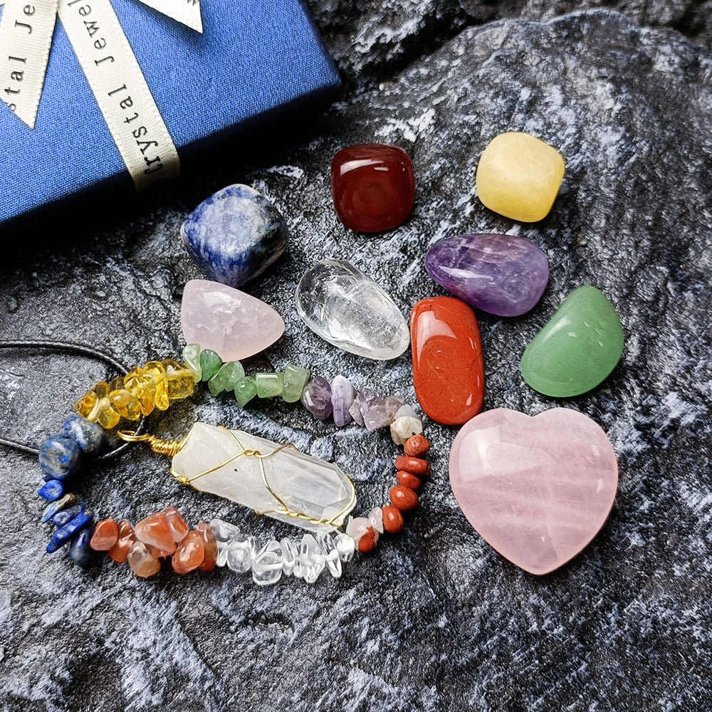 Gift accsessoires 11pcs/Set with Gift Box Natural Healing Crystal Stone Chakras Bracelet Quartz Mineral Ornaments Crafts Pendant Necklaces