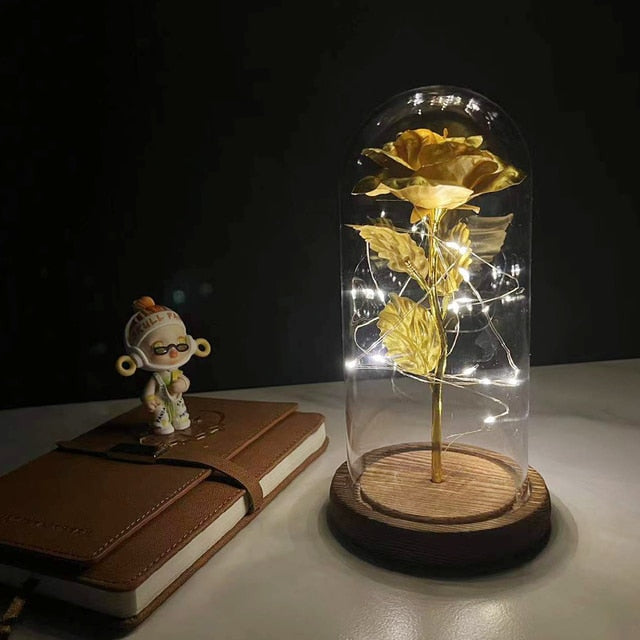 LED Enchanted Galaxy Rose Eternal 24K Gold Foil Flower with Fairy String Lights In Dome for Christmas Valentine's Day Gift
