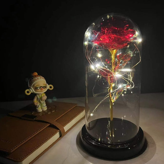LED Enchanted Galaxy Rose Eternal 24K Gold Foil Flower with Fairy String Lights In Dome for Christmas Valentine's Day Gift