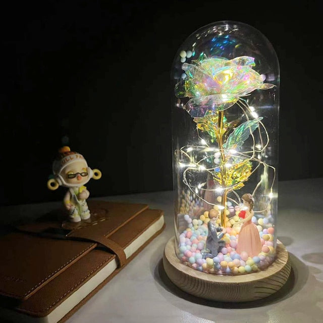 LED Enchanted Galaxy Rose Eternal 24K Gold Foil Flower with Fairy String Lights In Dome for Christmas Valentine's Day Gift