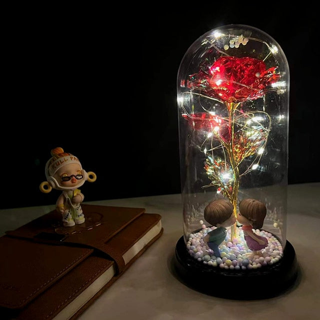LED Enchanted Galaxy Rose Eternal 24K Gold Foil Flower with Fairy String Lights In Dome for Christmas Valentine's Day Gift