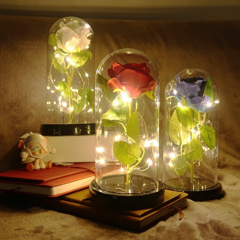 LED Enchanted Galaxy Rose Eternal 24K Gold Foil Flower with Fairy String Lights In Dome for Christmas Valentine's Day Gift