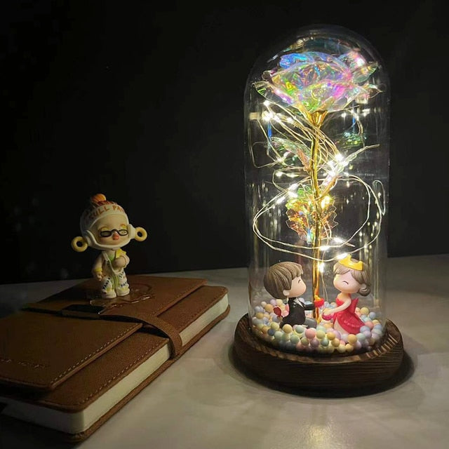 LED Enchanted Galaxy Rose Eternal 24K Gold Foil Flower with Fairy String Lights In Dome for Christmas Valentine's Day Gift