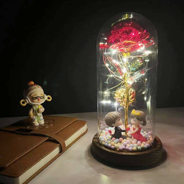 LED Enchanted Galaxy Rose Eternal 24K Gold Foil Flower with Fairy String Lights In Dome for Christmas Valentine's Day Gift