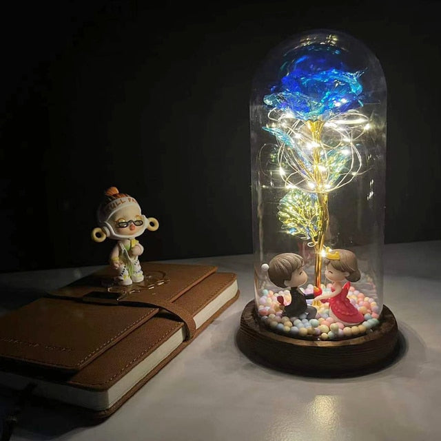 LED Enchanted Galaxy Rose Eternal 24K Gold Foil Flower with Fairy String Lights In Dome for Christmas Valentine's Day Gift
