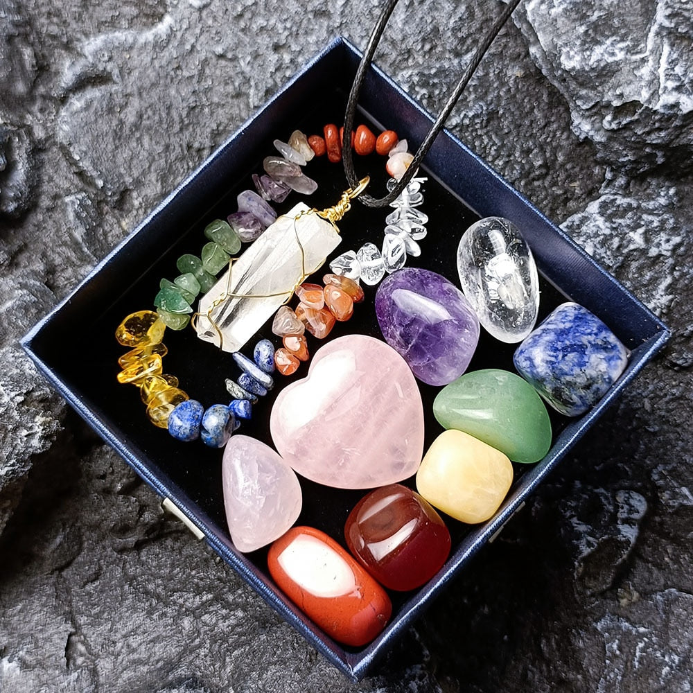 Gift accsessoires 11pcs/Set with Gift Box Natural Healing Crystal Stone Chakras Bracelet Quartz Mineral Ornaments Crafts Pendant Necklaces