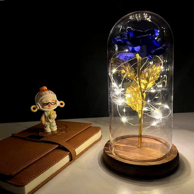 LED Enchanted Galaxy Rose Eternal 24K Gold Foil Flower with Fairy String Lights In Dome for Christmas Valentine's Day Gift