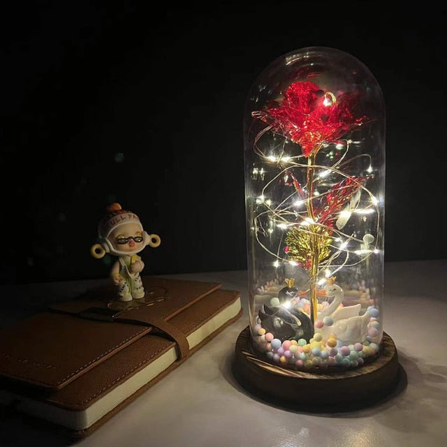 LED Enchanted Galaxy Rose Eternal 24K Gold Foil Flower with Fairy String Lights In Dome for Christmas Valentine's Day Gift