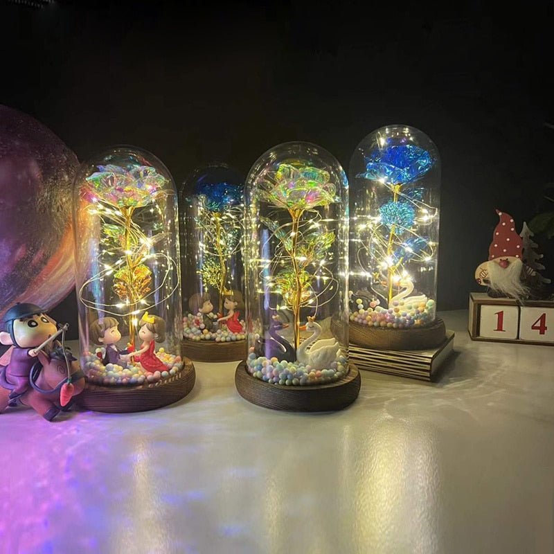 LED Enchanted Galaxy Rose Eternal 24K Gold Foil Flower with Fairy String Lights In Dome for Christmas Valentine's Day Gift
