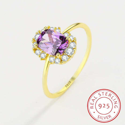 NEW Exquisite Amethyst Gold Ring For Women S925 Silver Diamond Crystal Zircon Jewelry