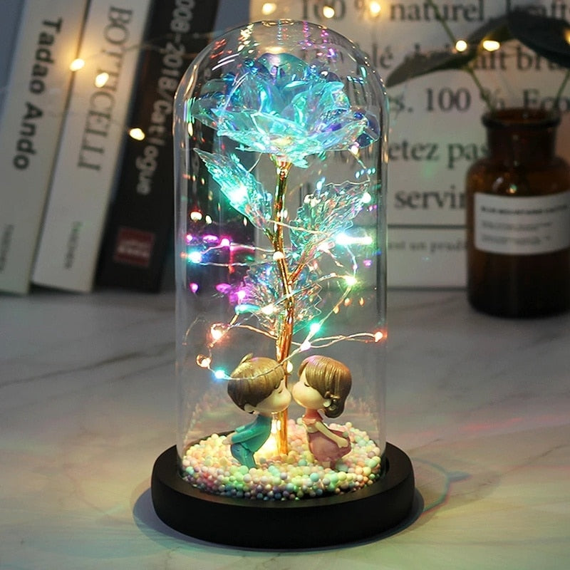 LED Enchanted Galaxy Rose Eternal 24K Gold Foil Flower with Fairy String Lights In Dome for Christmas Valentine&#39;s Day Gift