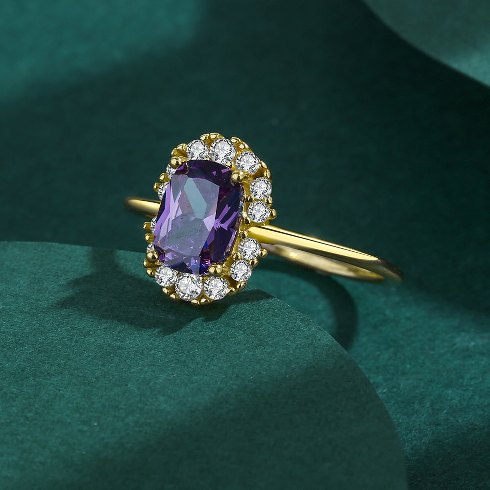 NEW Exquisite Amethyst Gold Ring For Women S925 Silver Diamond Crystal Zircon Jewelry
