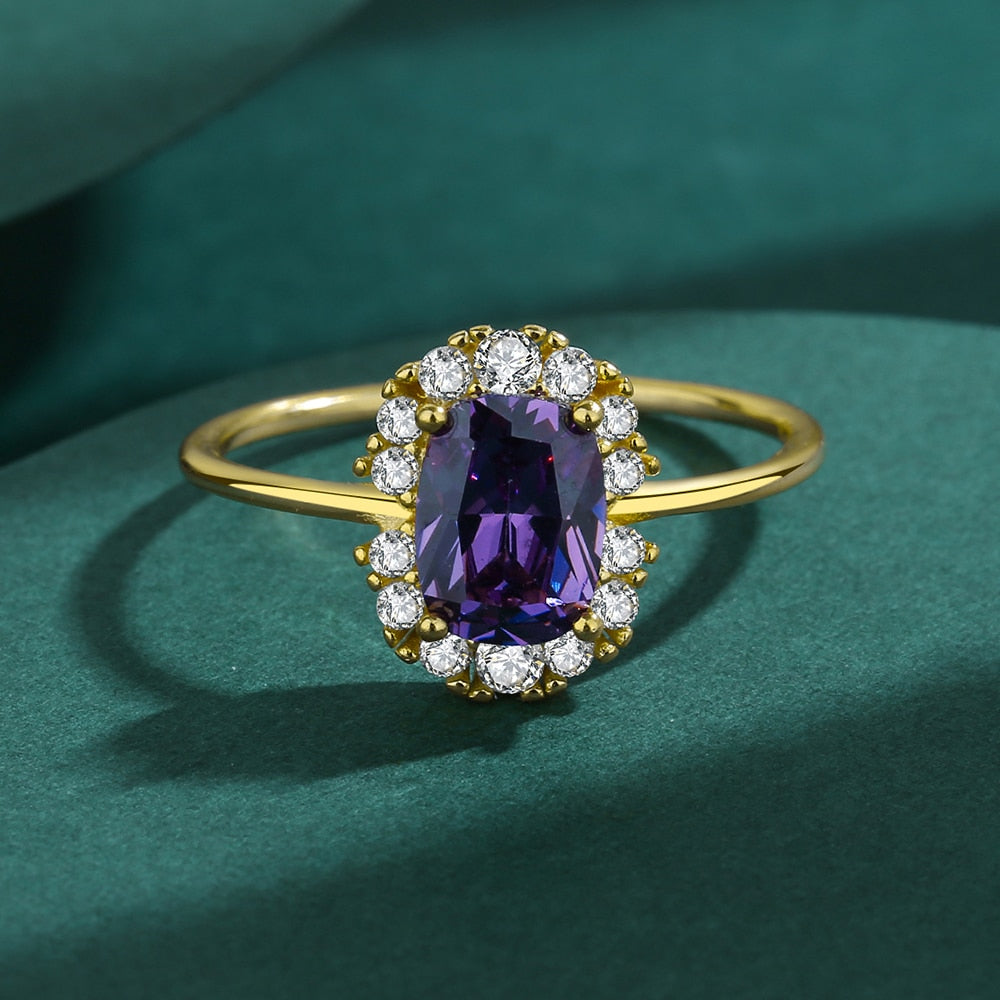 NEW Exquisite Amethyst Gold Ring For Women S925 Silver Diamond Crystal Zircon Jewelry