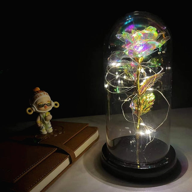 LED Enchanted Galaxy Rose Eternal 24K Gold Foil Flower with Fairy String Lights In Dome for Christmas Valentine&#39;s Day Gift