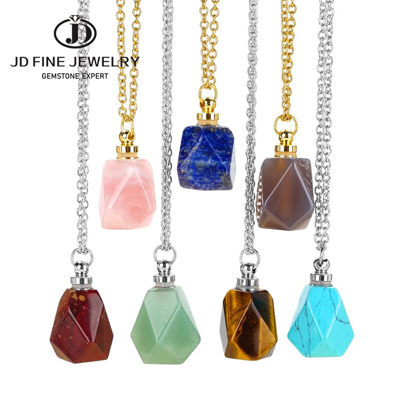 Schutz Amulett ⭐⭐⭐⭐⭐ JD Natural Stone Quartz Perfume Bottle Pendants Faceted Rainbow Jasper Pink Quartz Amethyst Charm Necklace