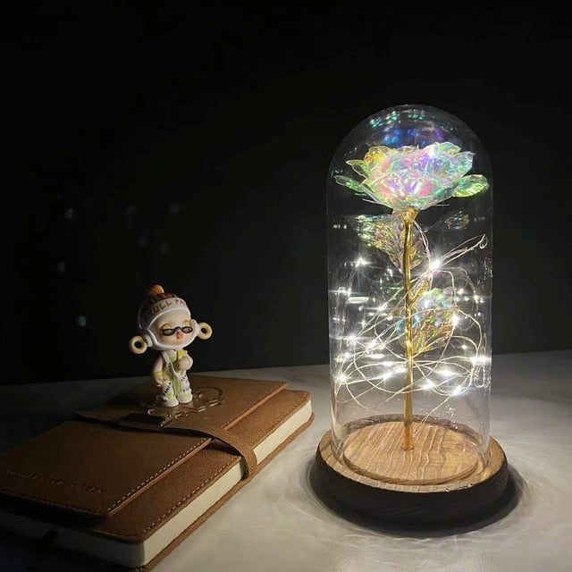 LED Enchanted Galaxy Rose Eternal 24K Gold Foil Flower with Fairy String Lights In Dome for Christmas Valentine&#39;s Day Gift